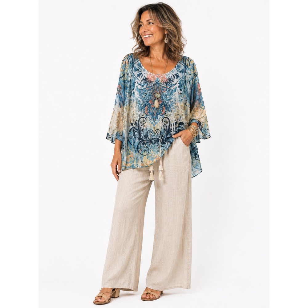 Reba Woman Poncho Top 1X Blue Orange Paisley Rhinestone Knit 3/4 Sleeve